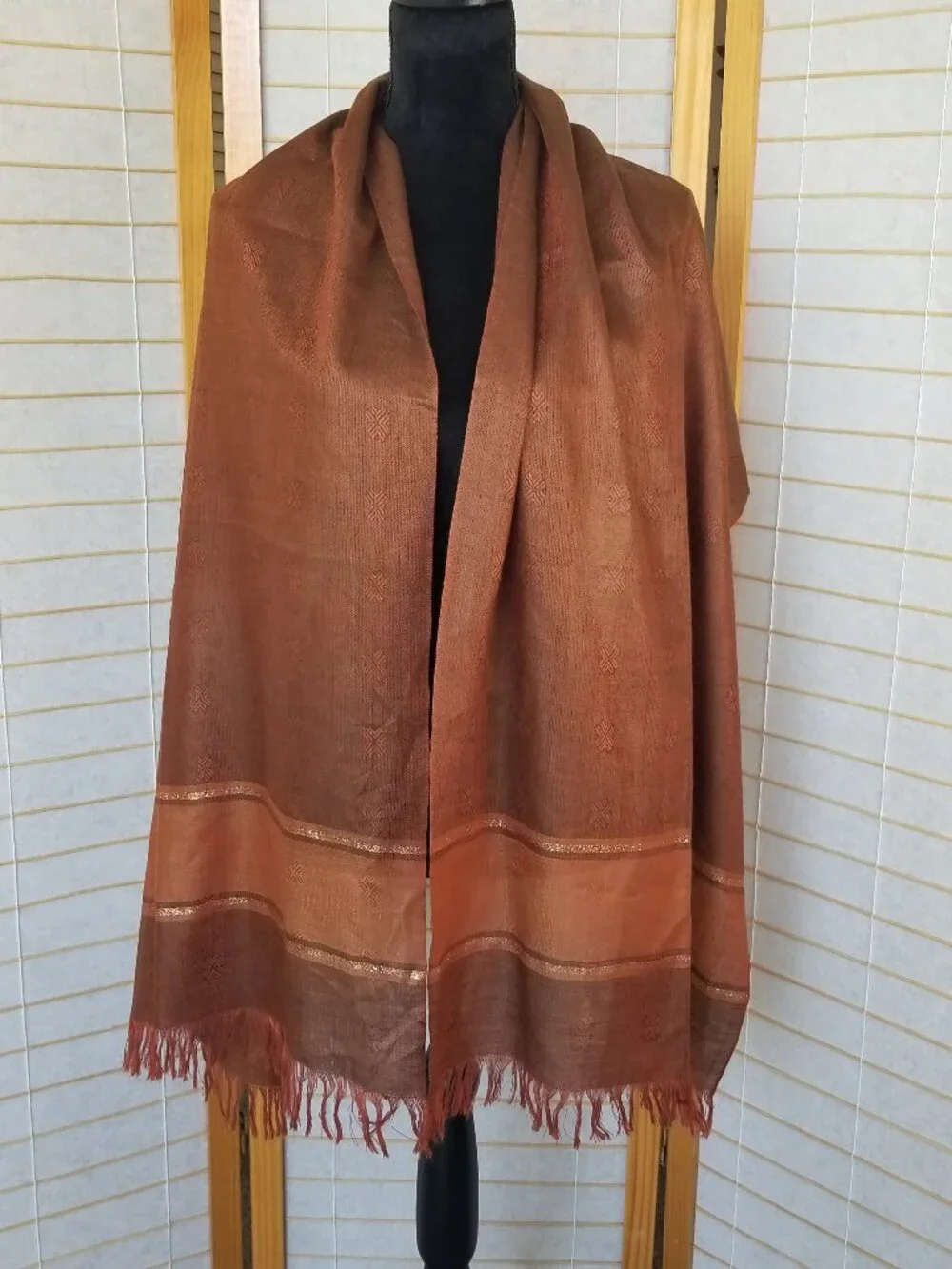 Copper Color Wool Blend Oversized Scarf Wrap Gold Metallic Accents 23